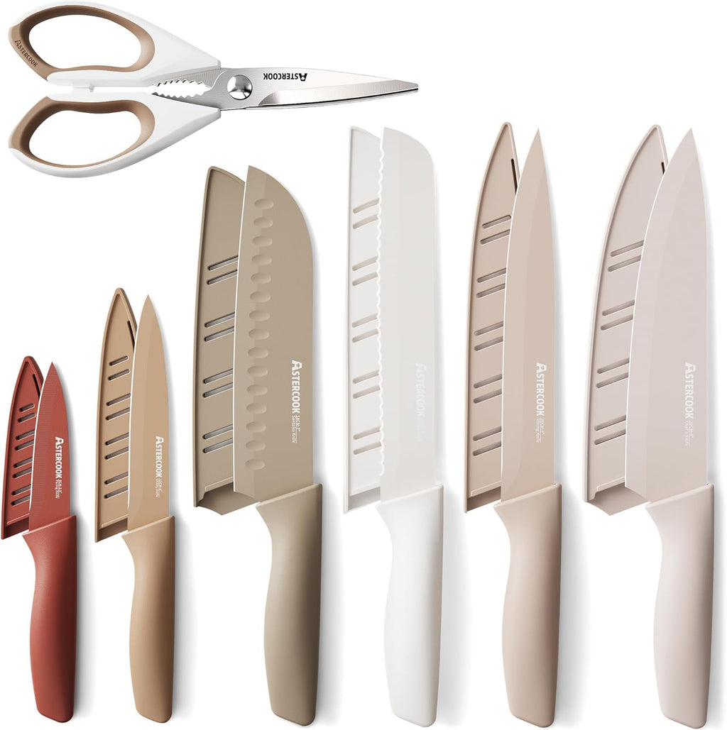 Knife Set, 13 Pieces Kitchen Knives Set with Healthy Anti-Rust Coating, Dishwasher Safe, Stainless Steel Chef Knife Sets with 6 Blade Guards, Perfect Holiday Gifts for Kitchen