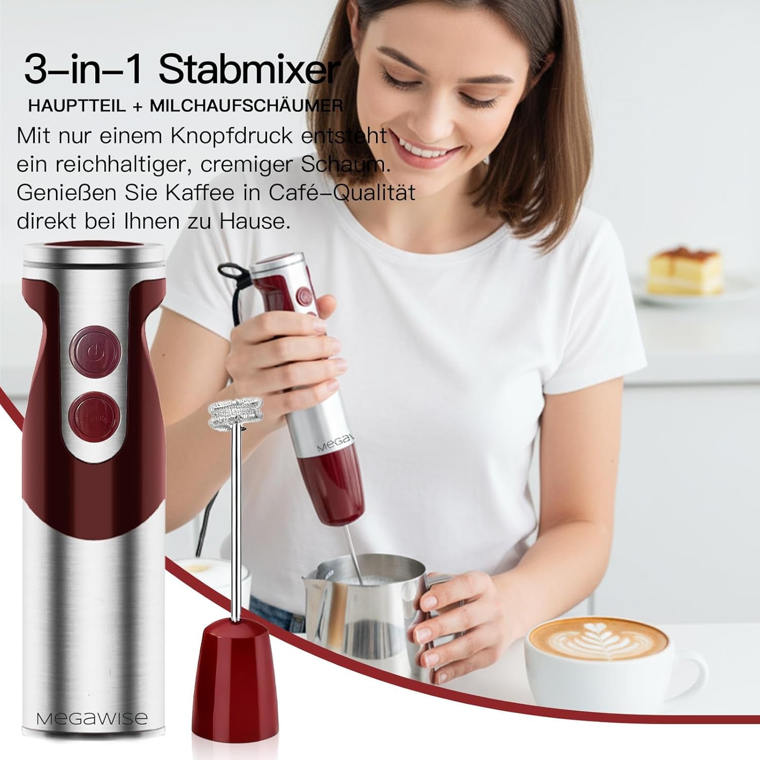 Pro Titanium Reinforced 3-In-1 Immersion Corded Hand Blender, Powerful MOTOR with 80% Sharper Blades, 12-Speed Corded Blender, Includingwhisk and Milk Frother (3-In 1 Red)