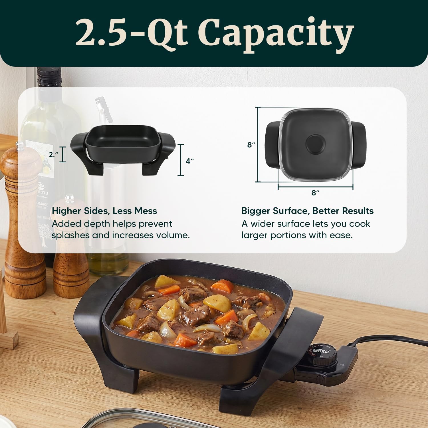 EG808 Electric Skillet 8"X8" Non-Stick Coating, Tempered Glass Lid, Removable Thermostat 200°F–400°F, Dishwasher Safe, 600W Compact 2.5-Qt Capacity for Eggs, Bacon & One-Pot Meals, Black