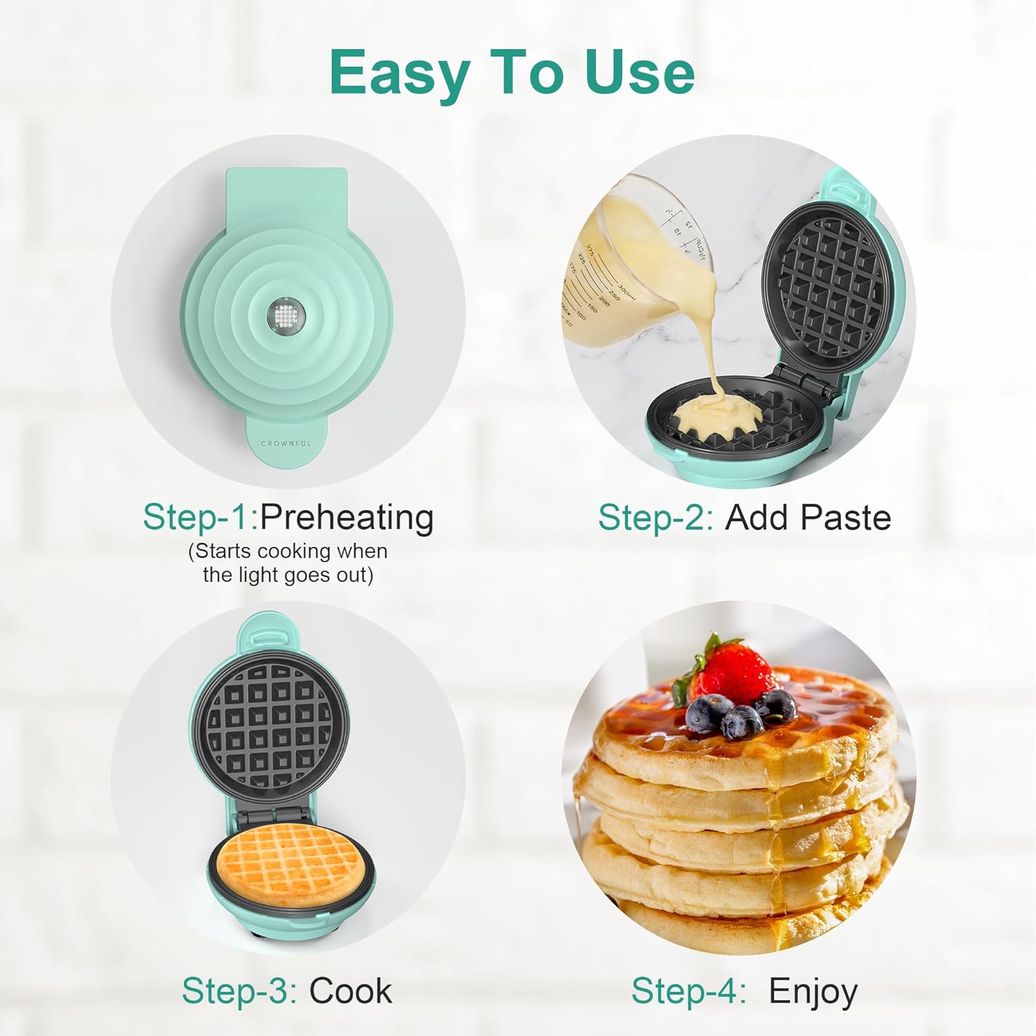 Mini Waffle Maker, 4" Chaffle Maker with Compact Design, Easy to Clean, Non-Stick Surface, Recipe Guide Included, Perfect for Breakfast, Dessert, Sandwich, or Other Snacks