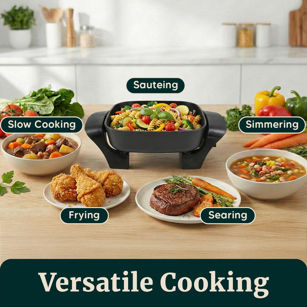 EG808 Electric Skillet 8"X8" Non-Stick Coating, Tempered Glass Lid, Removable Thermostat 200°F–400°F, Dishwasher Safe, 600W Compact 2.5-Qt Capacity for Eggs, Bacon & One-Pot Meals, Black