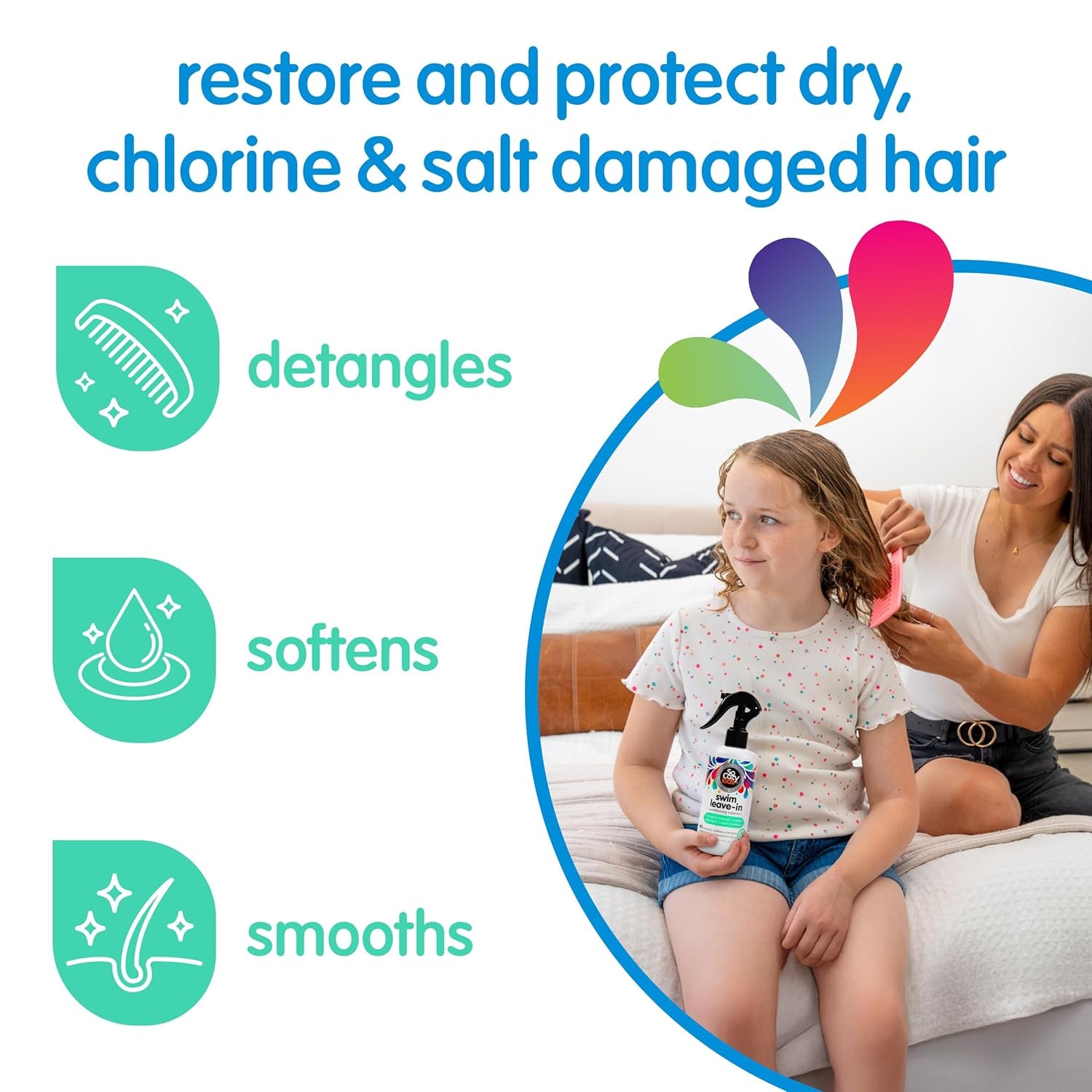 Socozy Swim Leave in Conditioner Spray & Treatment for Kids Hair (8 Fl Oz) Protects & Repairs Pool, Sun & Salt Damaged Hair, Gentle Formula with Activated Charcoal, Vitamin B5 & Sunflower Seed Extract