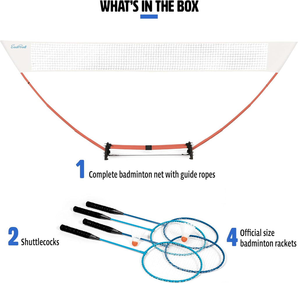 Easy Setup Badminton Set - 15 Ft Net, 4 Rackets, 2 Shuttlecocks - Quick Setup Net for Backyard Games - Steel Shaft Badminton Rackets for Family Games - Durable Shuttlecocks for Outdoors