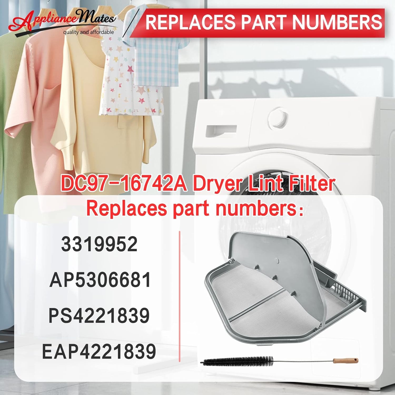 DC97-16742A Dryer Lint Trap Screen Filter Replacement for Samsung Dryer-Replaces AP5306681, DC61-03048A, DC61-02610A, DV45H7000EW/A2, DV40J3000GW/A2, DVE50R5200W/A3 with Flap and Vent Cleaner Brush