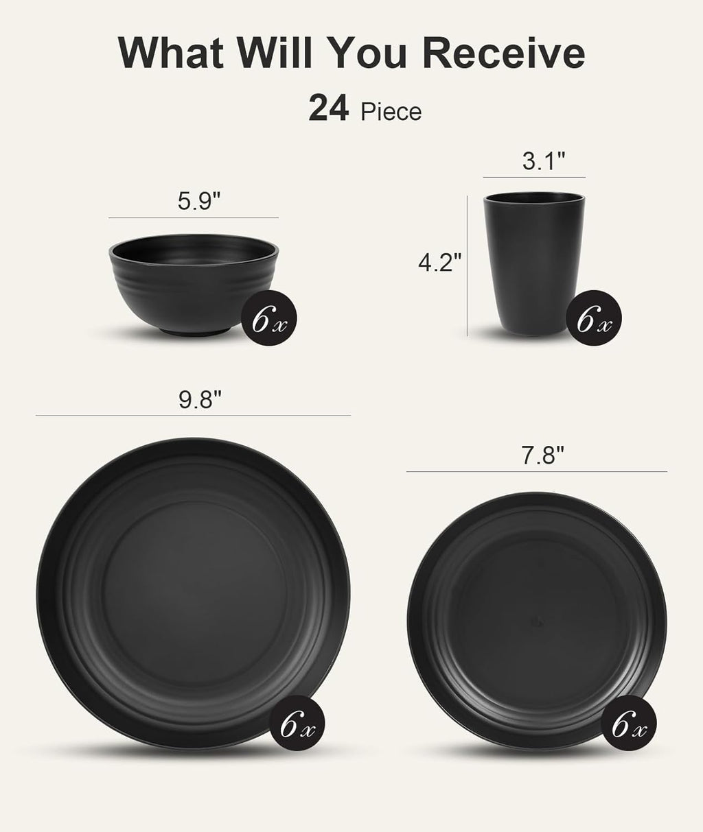 24 Piece Plates and Bowls Sets for 6, Unbreakable Dinnerware Sets, Dish Set for Camping, Dishwasher Microwave Safe, Outdoor Kitchen and Apartment Dinning RV Essentials, Black