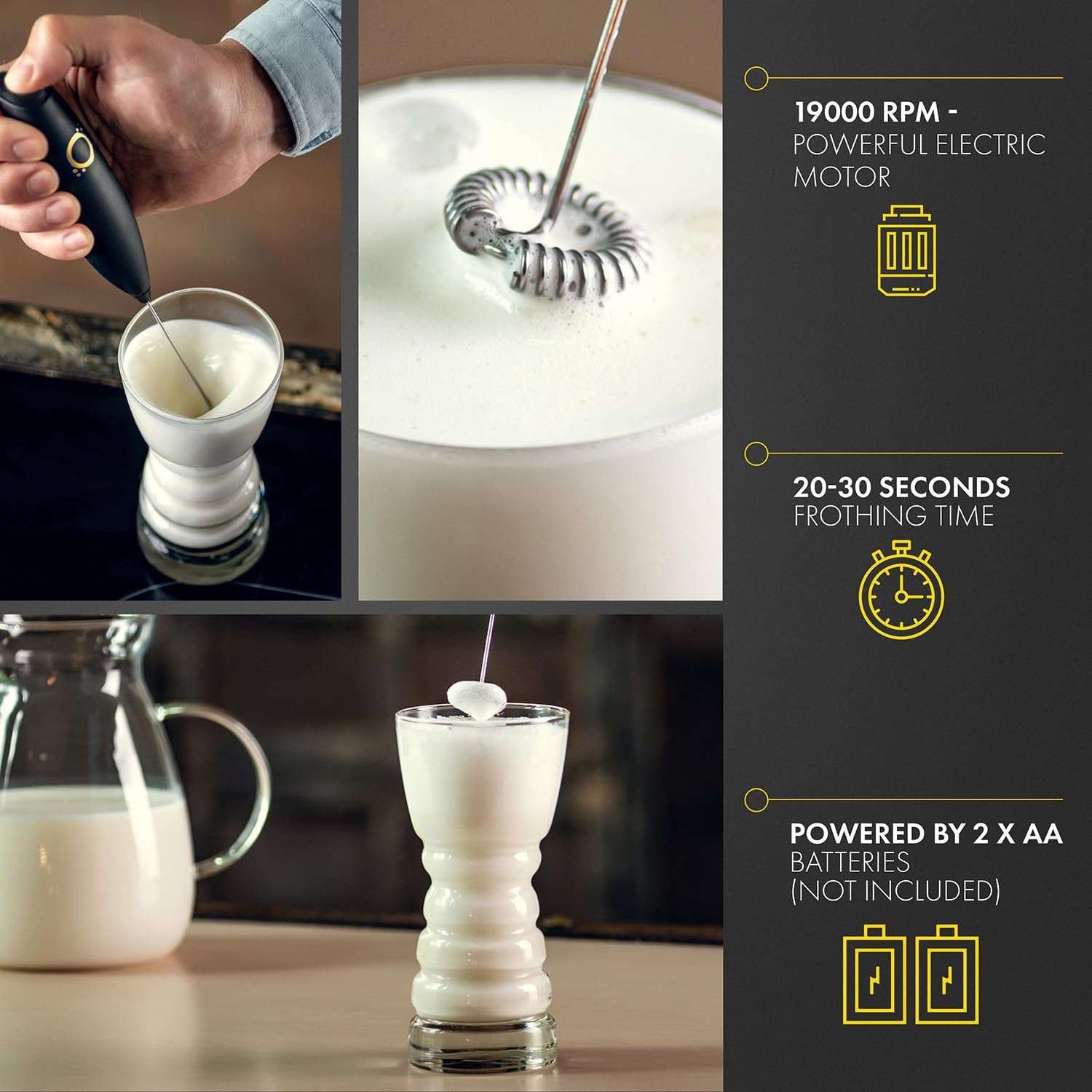 Milk Frother Matte Black - Coffee Frother Handheld with Electric Whisk - 19000 Rpm - Book Recipes and Stainless Steel Stand Included - Hand Mixer Electric (Matte Black Onyx)