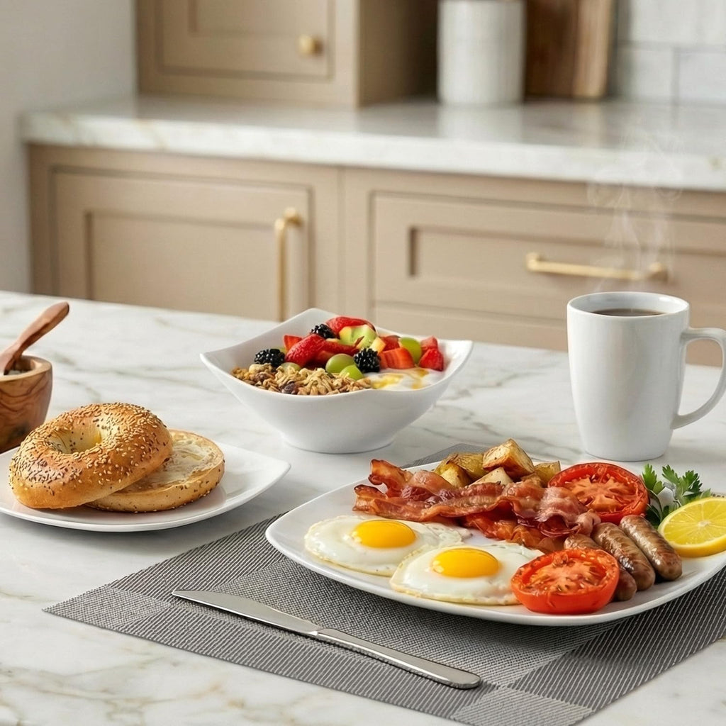 Luna Plates and Bowls Sets, 16 Piece Modern Porcelain Dish Set for 4, Chip and Scratch Resistant Square Dinnerware Set, Microwave and Dishwasher Safe, Pearl White