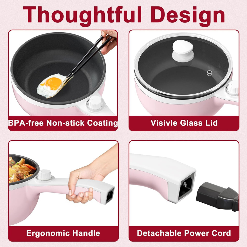 Hot Pot Electric Upgraded, Non-Stick Sauté Pan, Rapid Noodles Electric Pot, 1.5L Mini Portable Hot Pot for Steak, Egg, Fried Rice, Ramen, Oatmeal, Soup with Power Adjustment