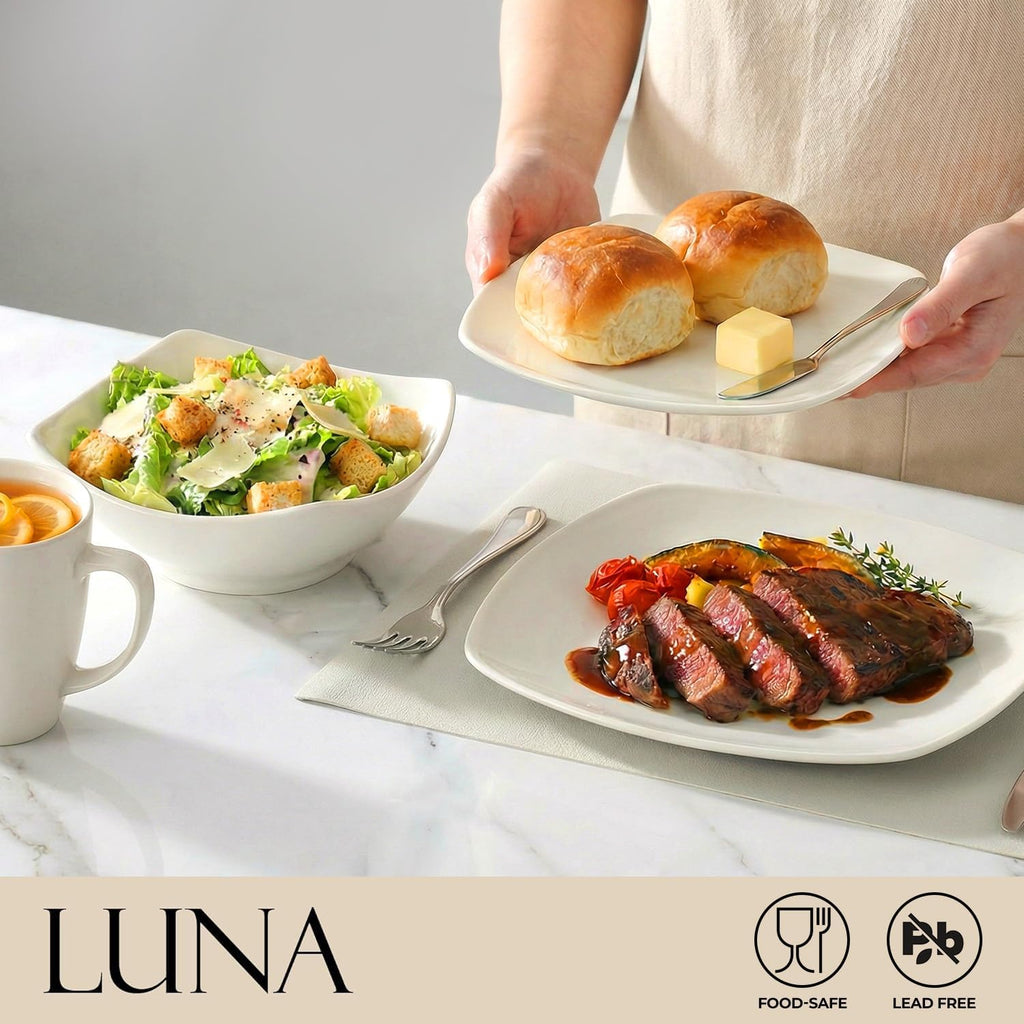 Luna Plates and Bowls Sets, 16 Piece Modern Porcelain Dish Set for 4, Chip and Scratch Resistant Square Dinnerware Set, Microwave and Dishwasher Safe, Pearl White