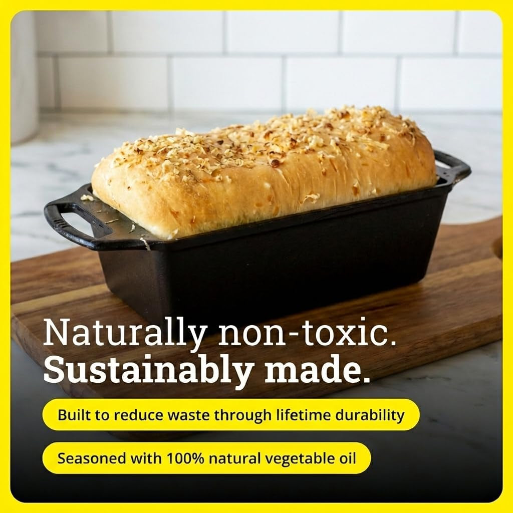 Seasoned Cast Iron Loaf Pan 8.5 Inches - Pre-Seasoned Rectangular Cast Iron Bakeware- Even Browning Bread Pan with Easy-Release Finish - Pfas-Free Non-Toxic Cookware