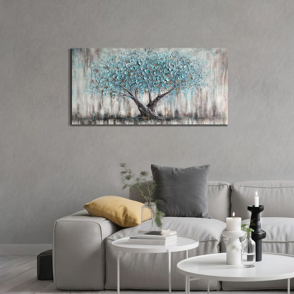Tree of Life Wall Art Canvas for Living Room Blue Tree Nature Teal Painting, 50% Hand Painted Textured Picture Bedroom Panoramic Landscape Artwork Framed Home Office Decor 40"X20"