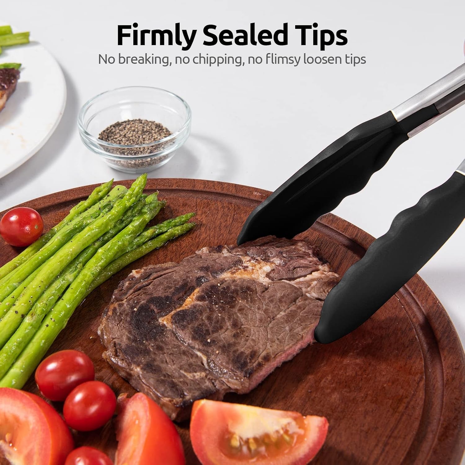 600ºf Heat Resistant Kitchen Tongs:  9 Inch Silicone Cooking Tong with Firm Sealed Non Stick Rubber Tips & Silicon Coated 18/8 Stainless Steel Handle & Smooth Locking for Serving Salad (Black)