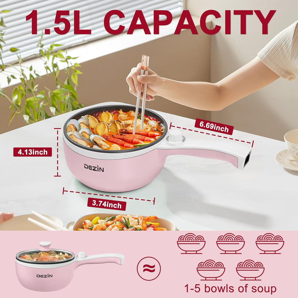 Hot Pot Electric Upgraded, Non-Stick Sauté Pan, Rapid Noodles Electric Pot, 1.5L Mini Portable Hot Pot for Steak, Egg, Fried Rice, Ramen, Oatmeal, Soup with Power Adjustment