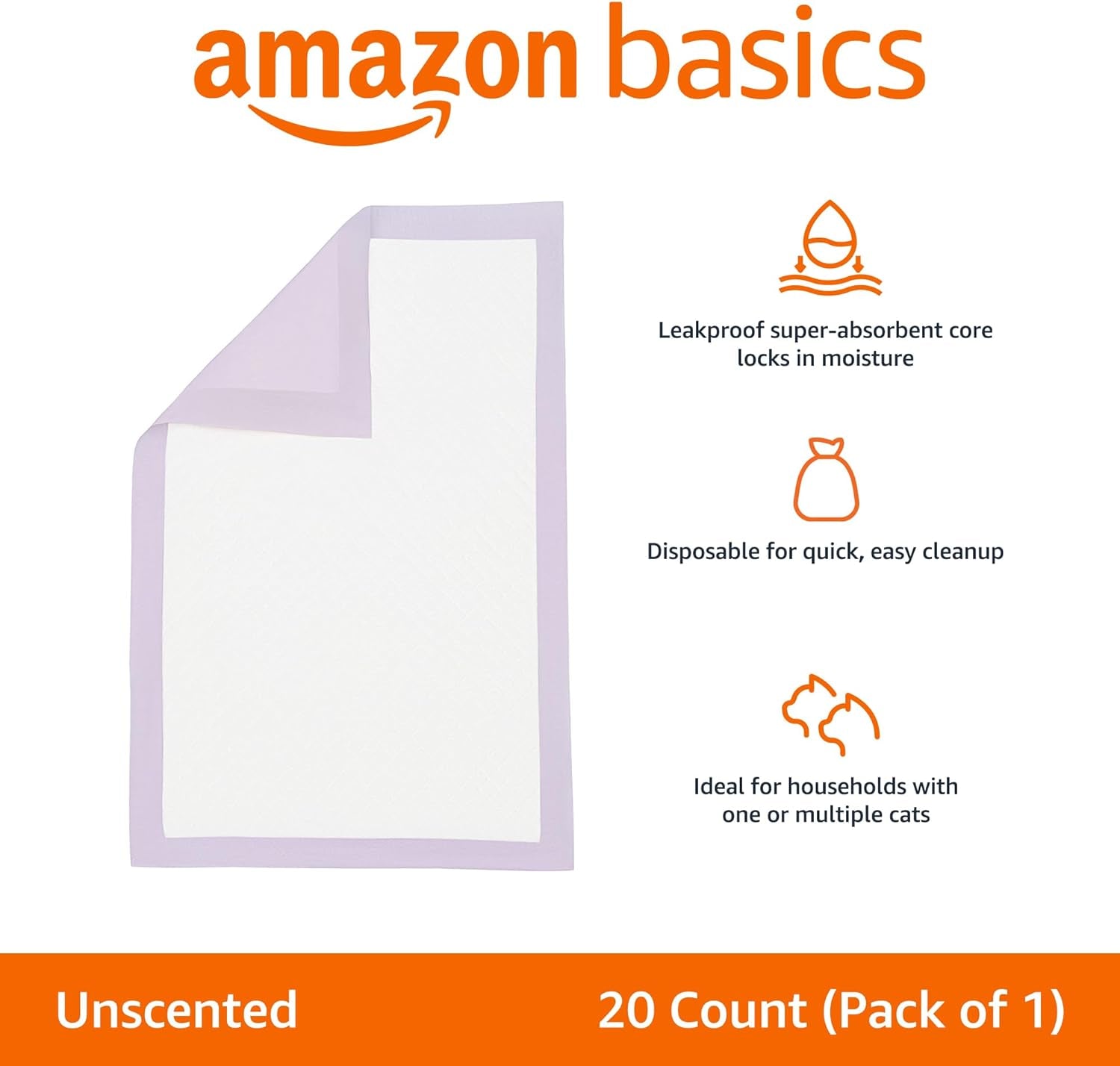 Cat Pee Pads, Super Absorbent, Odor Control, Universal Fit for Litter Box, Disposable, Multi-Cat, Unscented, Purple and White, 20 Count
