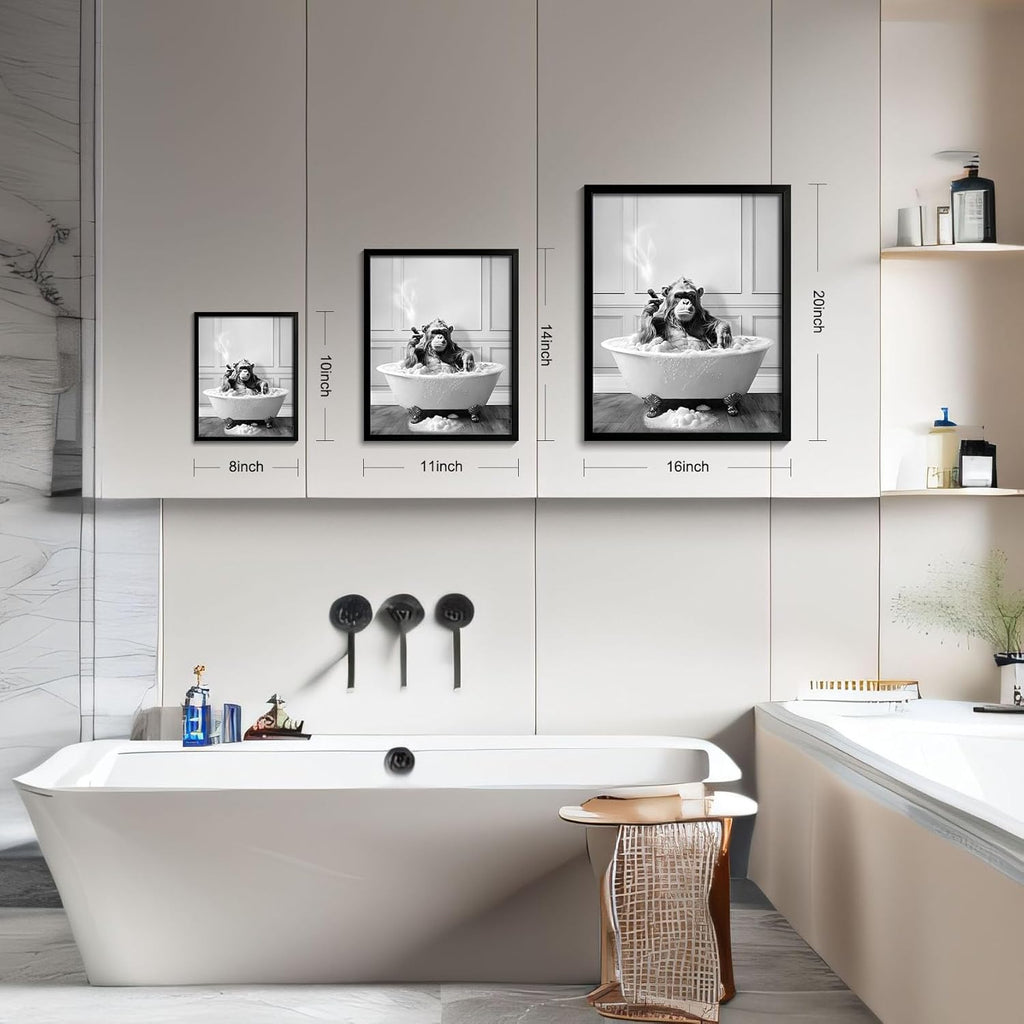 Framed Bathroom Decor Wall Art, Chimpanzee in Bathtub, Black and White Wall Art, Funny Bathroom Wall Decor Signs, Cute Animal Art Home Decor (Framed,8''X10'')