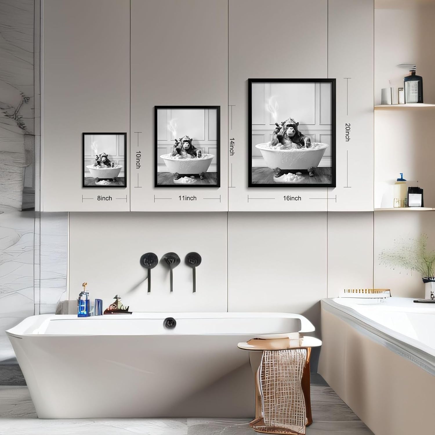 Framed Bathroom Decor Wall Art, Chimpanzee in Bathtub, Black and White Wall Art, Funny Bathroom Wall Decor Signs, Cute Animal Art Home Decor (Framed,8''X10'')