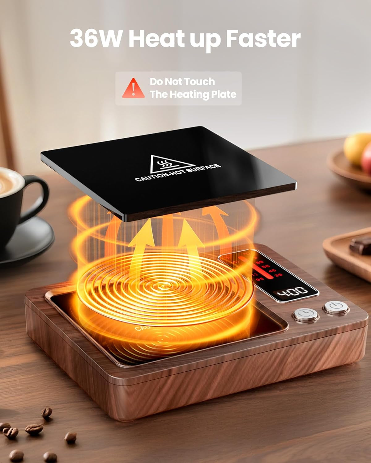 Coffee Mug Warmer, 36W Fast Heating, 5 Temp Settings, 0.5-9H Timer, for Water Milk Tea Cocoa, Smart Candle Warmer, Ideal Gifts for Family, Mom, Fits Most Cups - Wood