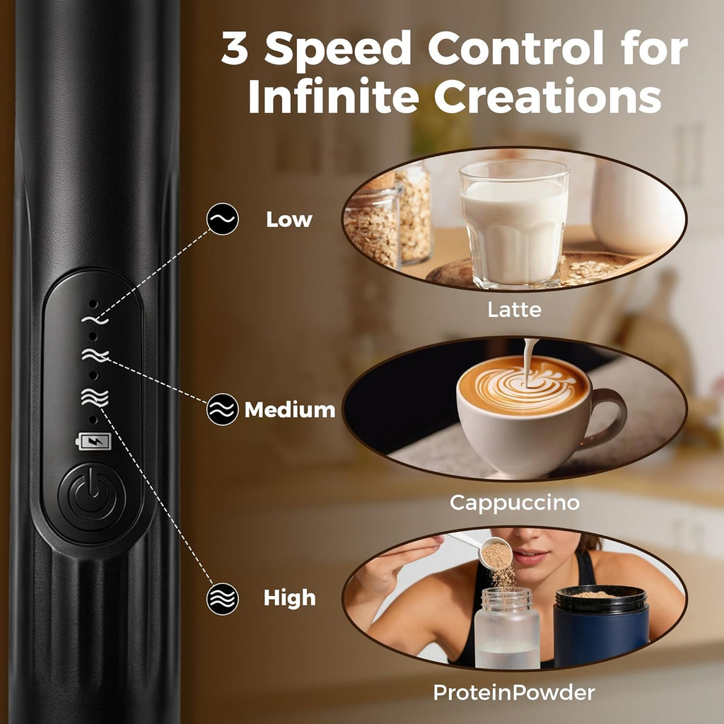 Milk Frother, Rechargeable Electric Foam Maker,Handheld Mixer with Stainless Steel Whisk, Portable Drink Mixer for Coffee Latte Cappuccino, Charging Usb-C,Black