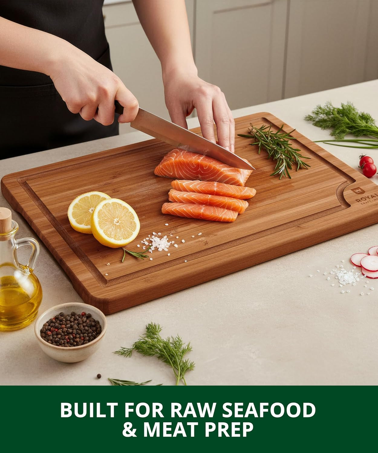 Wooden Cutting Boards for Kitchen Meal Prep & Serving - Non Toxic Bamboo Wood Cutting Board Set with Deep Juice Groove Side Handles - Charcuterie & Chopping Butcher Block for Meat