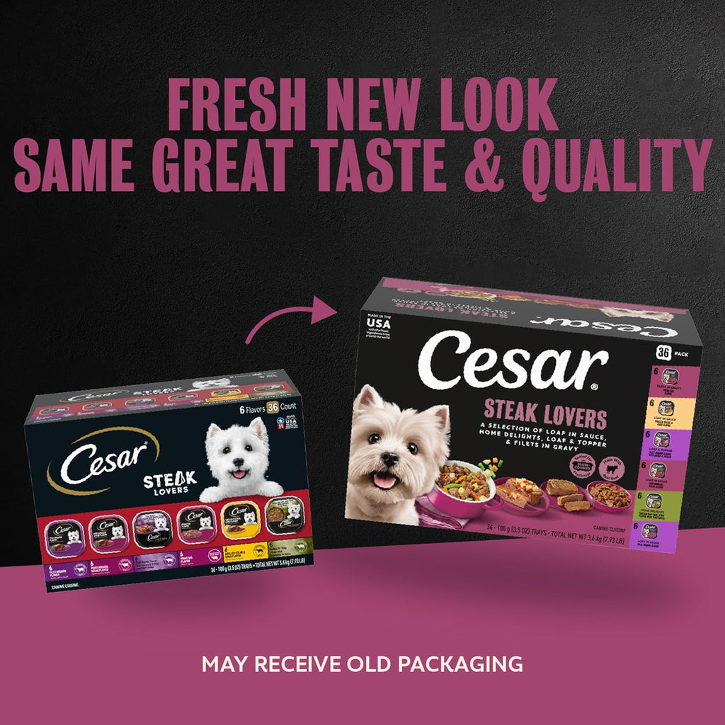 Adult Wet Dog Food Steak Lovers Variety Pack with Real Meat, 3.5 Oz. Easy Peel Trays, 36 Count (Pack of 1)
