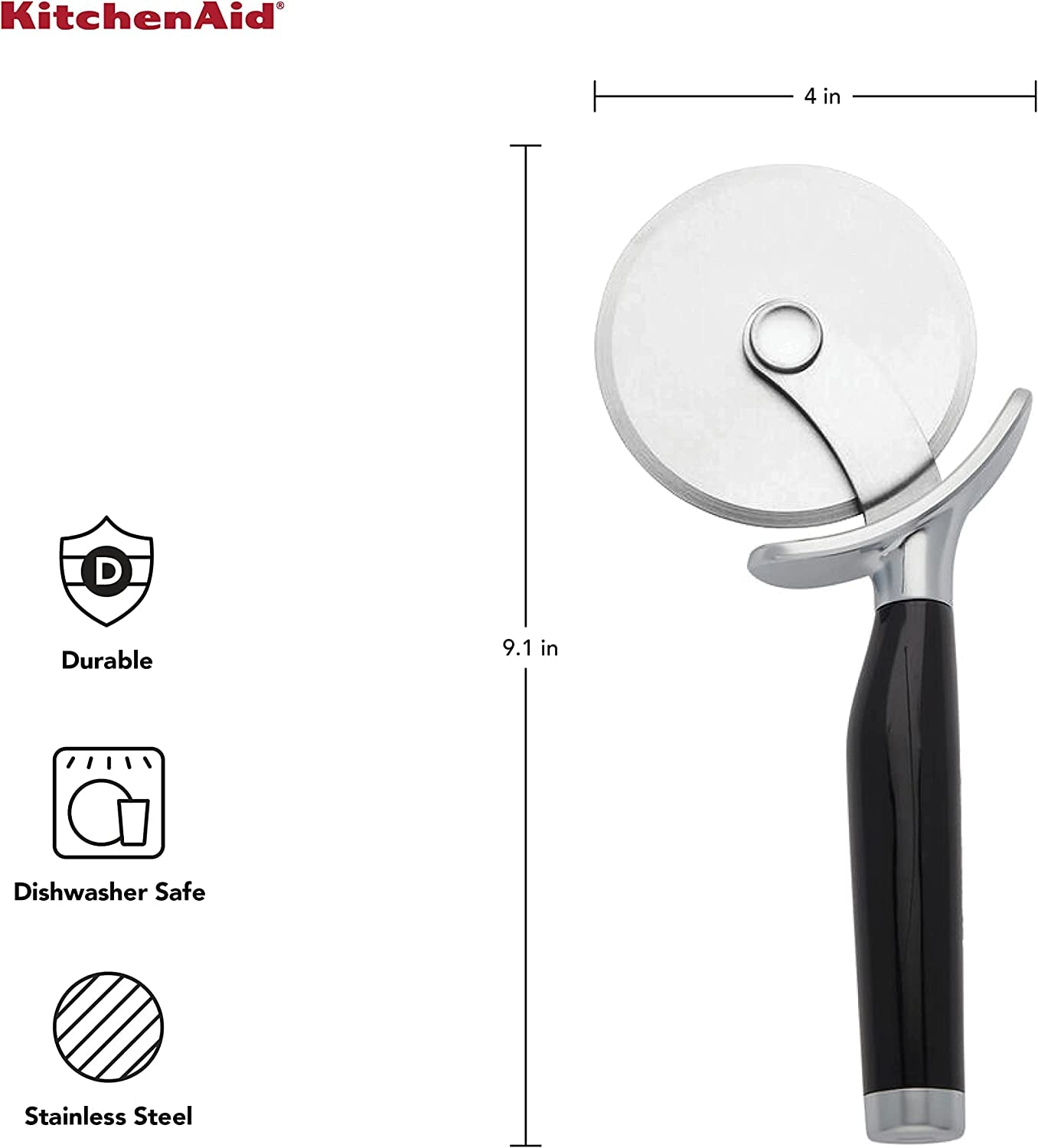 Kitchenaid Classic Pizza Wheel with Sharp Blade for Cutting through Crusts, Pies and More, Built in Finger Guard for Safety and Comfort Grip to Protect Fingers, Dishwasher Safe, 9-Inch, Black