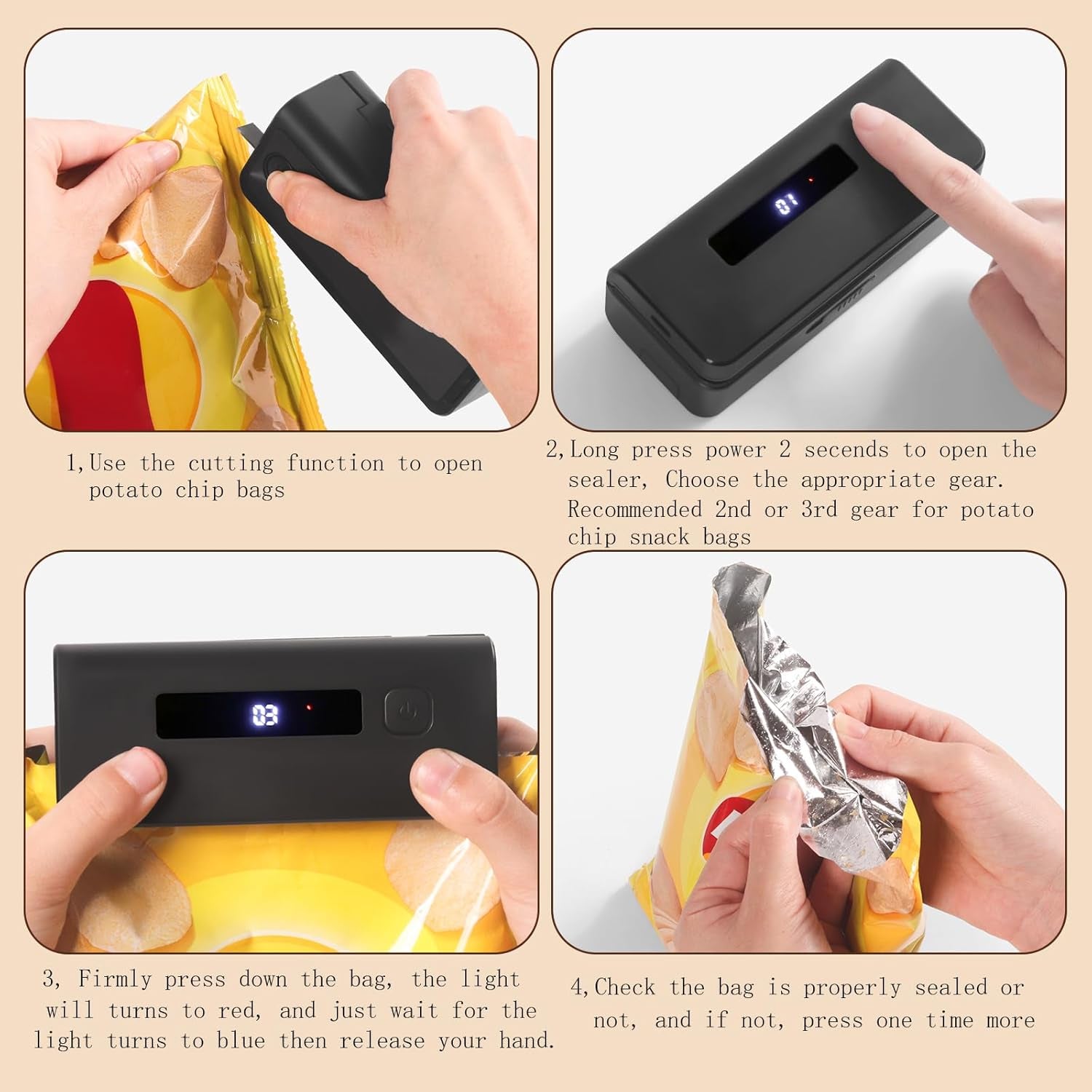 Mini Bag Sealer, 4.7" Potato Chip Bags Heat Sealer with LED Power Display & 9 Adjustable Gears, Capper Bag Reseal & Cutter, Rechargeable Sealing Machine Impulse for Snack Plastic Bag Mylar Cereal Bags