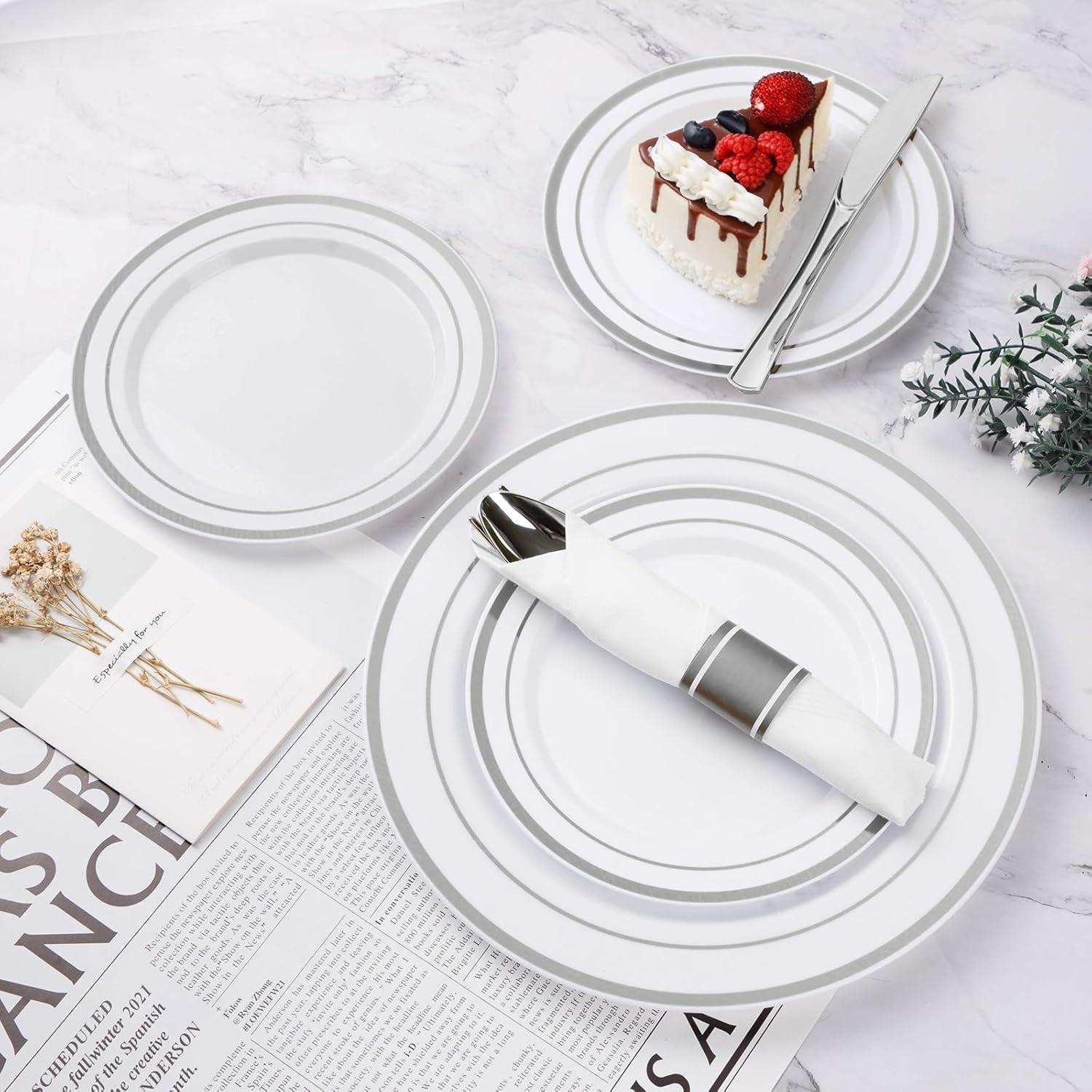 350PCS Silver Plastic Dinnerware Set, Disposable Party Plates for 50 Guests, Include: 100 Plastic Plates, 50 Pre Rolled Napkins with Silver Silverware, 50 Cups