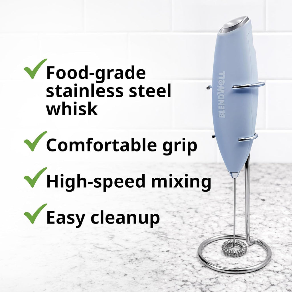 Electric Milk Frother for Matcha and Coffee, Handheld Battery Operated Drink Mixer with Stand, Stainless Steel Whisk, Light Blue