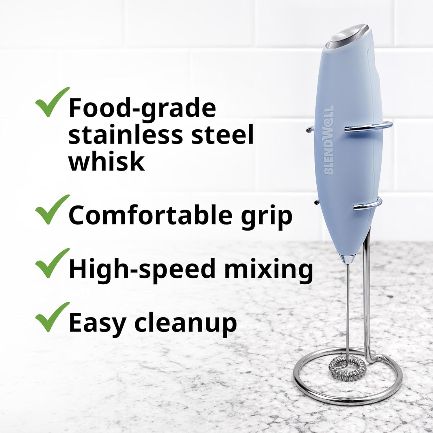 Electric Milk Frother for Matcha and Coffee, Handheld Battery Operated Drink Mixer with Stand, Stainless Steel Whisk, Light Blue