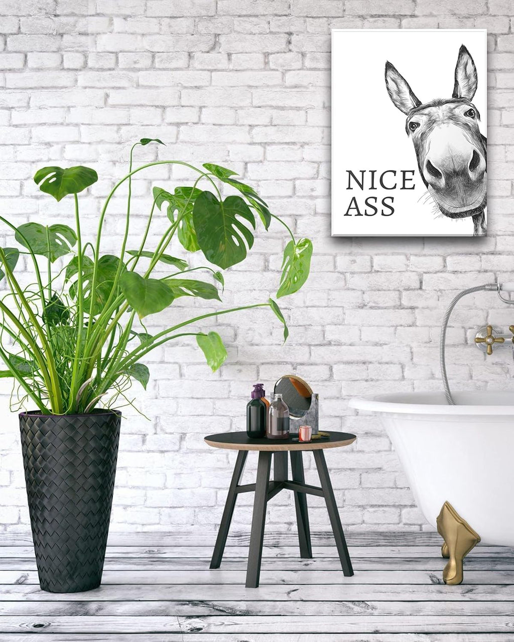 Funny Bathroom Wall Art Decor, Black and White Donkey Wall Art, Waterproof Wood Framed Canvas Wall Art Animals Abstract Prints, 12X16In High-End Pictures for Dormitory Kids Room 1 Pack