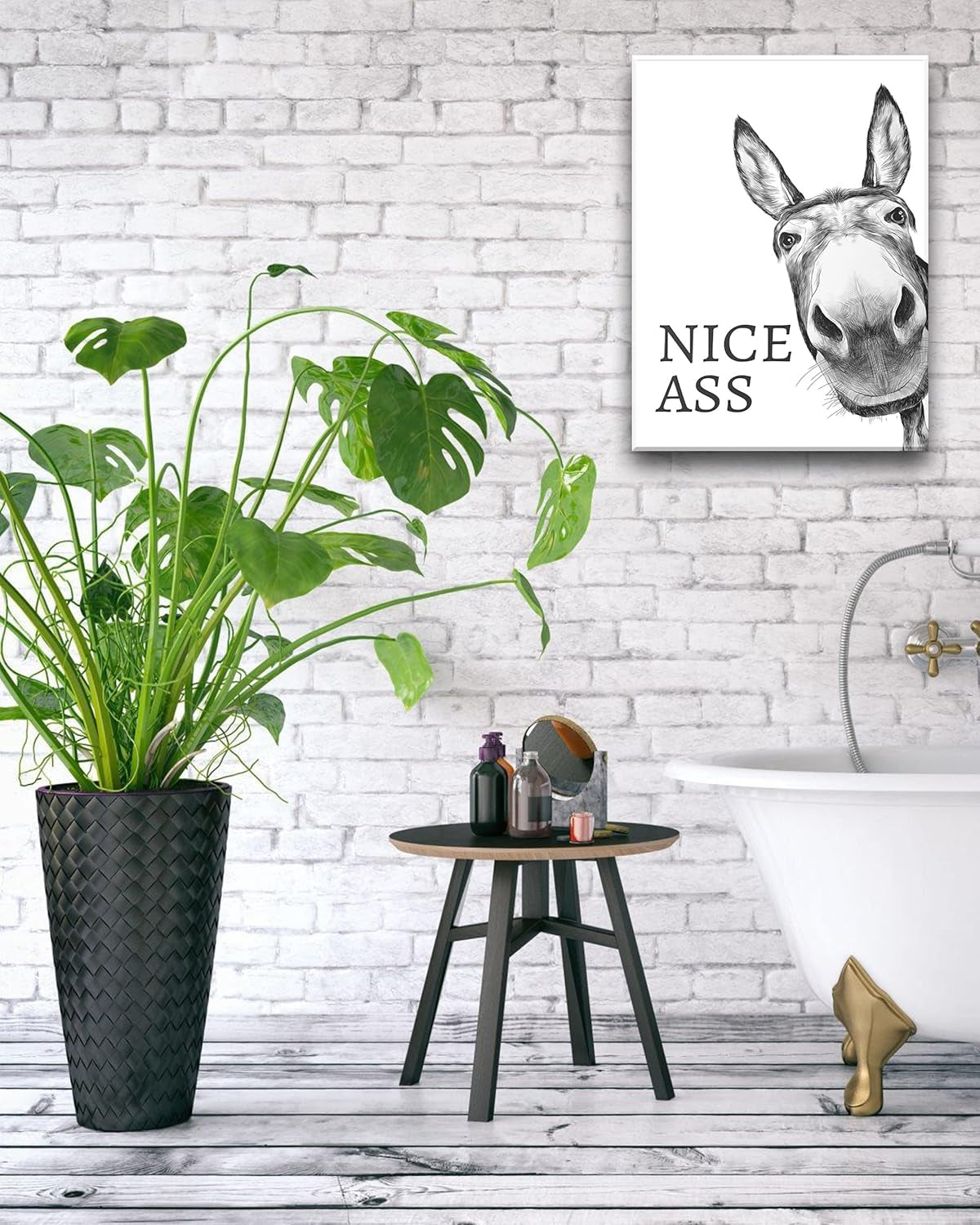 Funny Bathroom Wall Art Decor, Black and White Donkey Wall Art, Waterproof Wood Framed Canvas Wall Art Animals Abstract Prints, 12X16In High-End Pictures for Dormitory Kids Room 1 Pack
