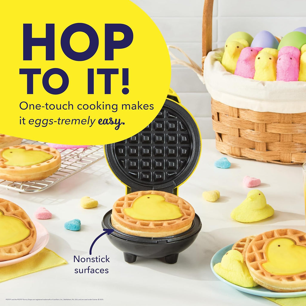 & PEEPS® Mini Waffle Maker- Mini Machine for Creative Homemade Treats - Nonstick Iron with Unique Print Design - Stylish Waffle Machine - Yellow Chick