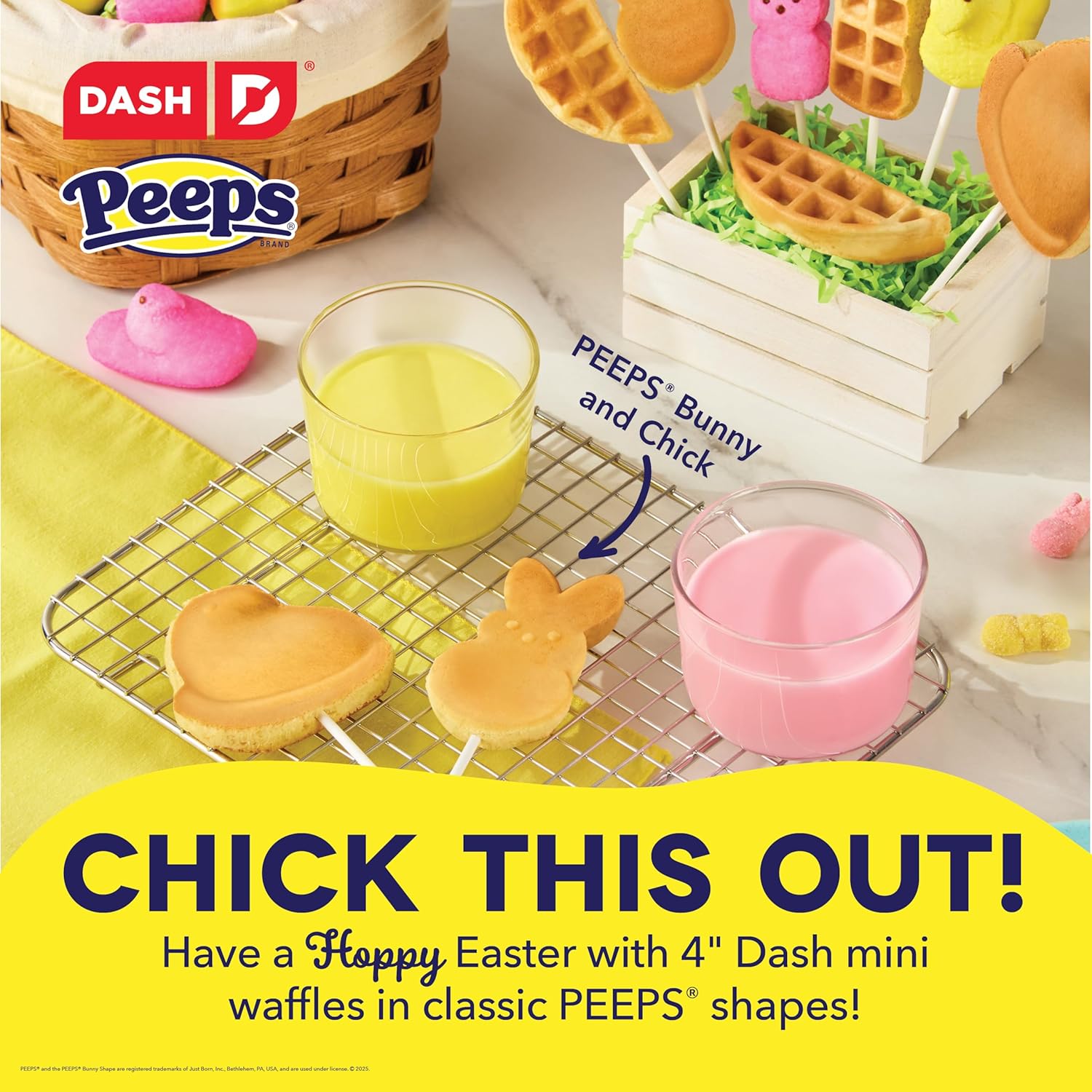 & PEEPS® Mini Waffle Maker- Mini Machine for Creative Homemade Treats - Nonstick Iron with Unique Print Design - Stylish Waffle Machine - Yellow Chick