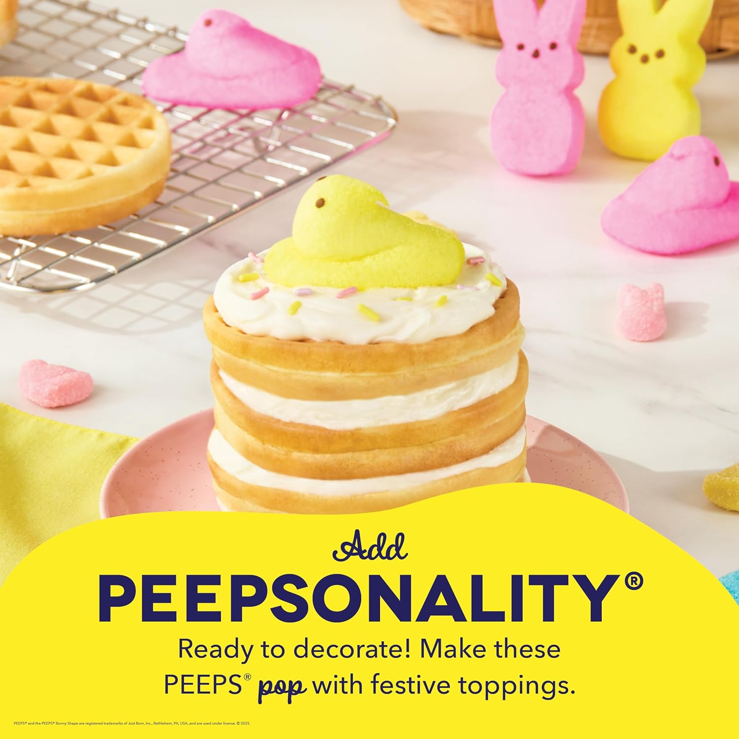 & PEEPS® Mini Waffle Maker- Mini Machine for Creative Homemade Treats - Nonstick Iron with Unique Print Design - Stylish Waffle Machine - Yellow Chick