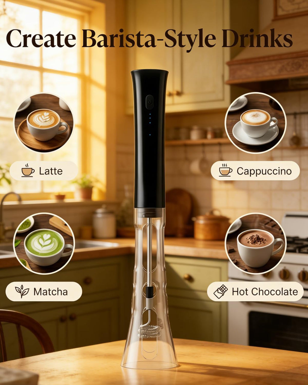 Milk Frother Handheld, Low Noise Rechargeable Frother Wand with Stand, Stainless Steel Shaft for Stability Stirrers Electric, Anti-Accidental Start Design, Coffee Mixer with 2 Double Coil Whisks