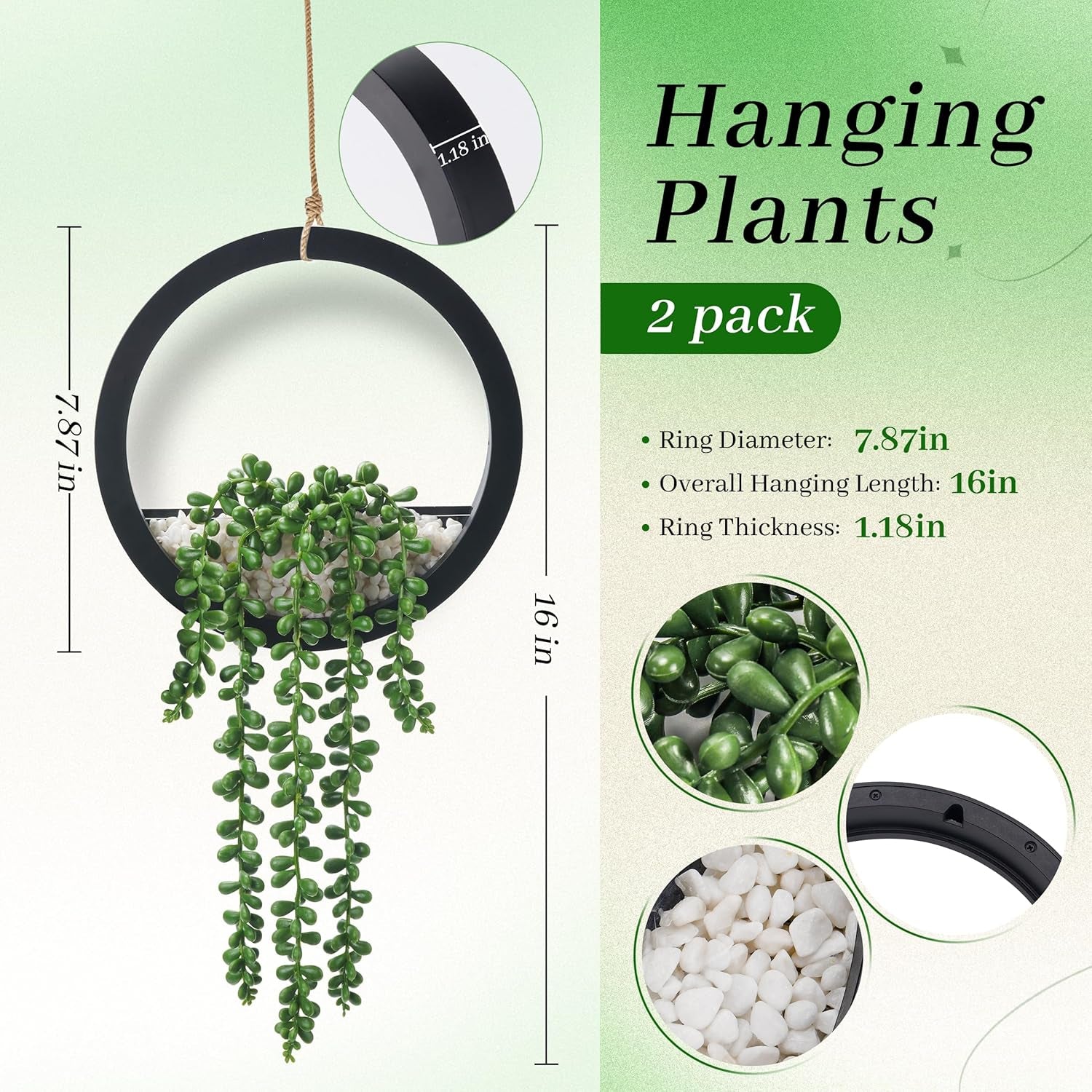 2 Pack Fake Plants Hanging Artificial Succulents Plants in Black Pots for Living Room Bathroom Accessories Boho Farmhouse Wall Decor