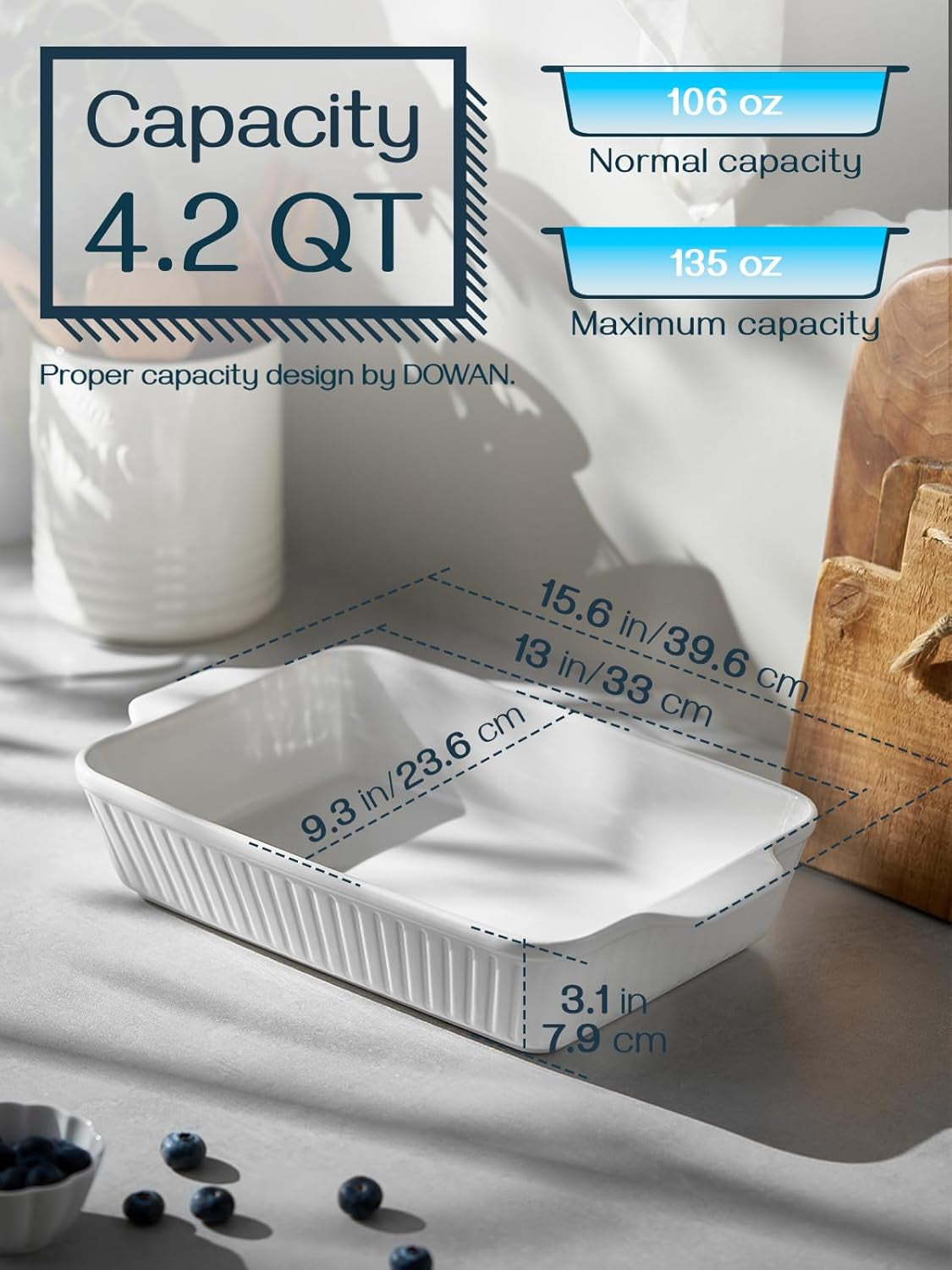 Casserole Dish, 9X13 Ceramic Baking Dish, Large Lasagna Pan Deep for Oven, 4.2 Quarts Baking Pan with Handles, Oven Safe and Durable Bakeware for Lasagna, Home Decor, Wedding Gift, Soft White
