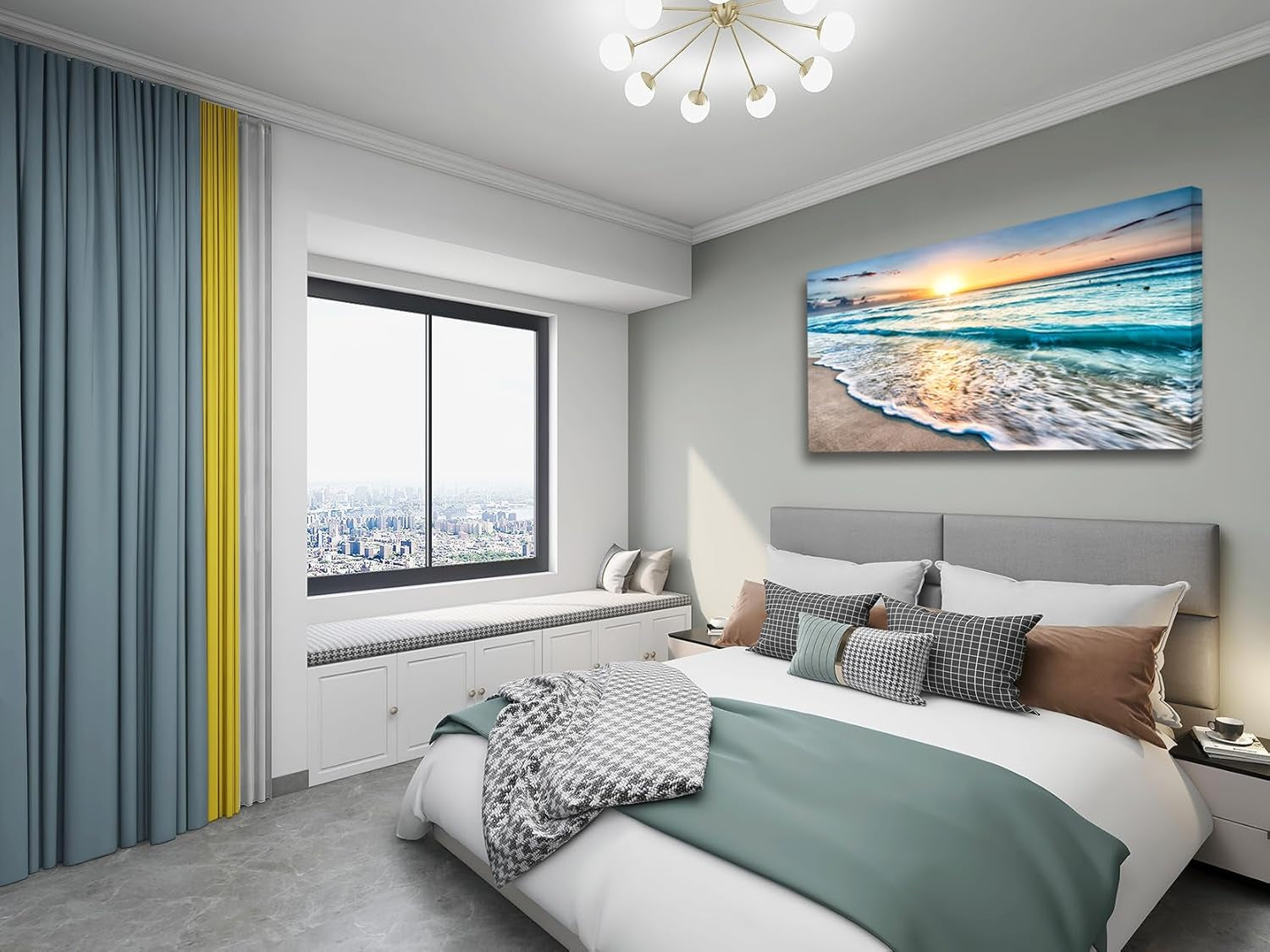 S02250 Canvas Prints Wall Art Beach Sunset Ocean Waves Nature Pictures Stretched Canvas Wooden Framed for Living Room Bedroom and Office
