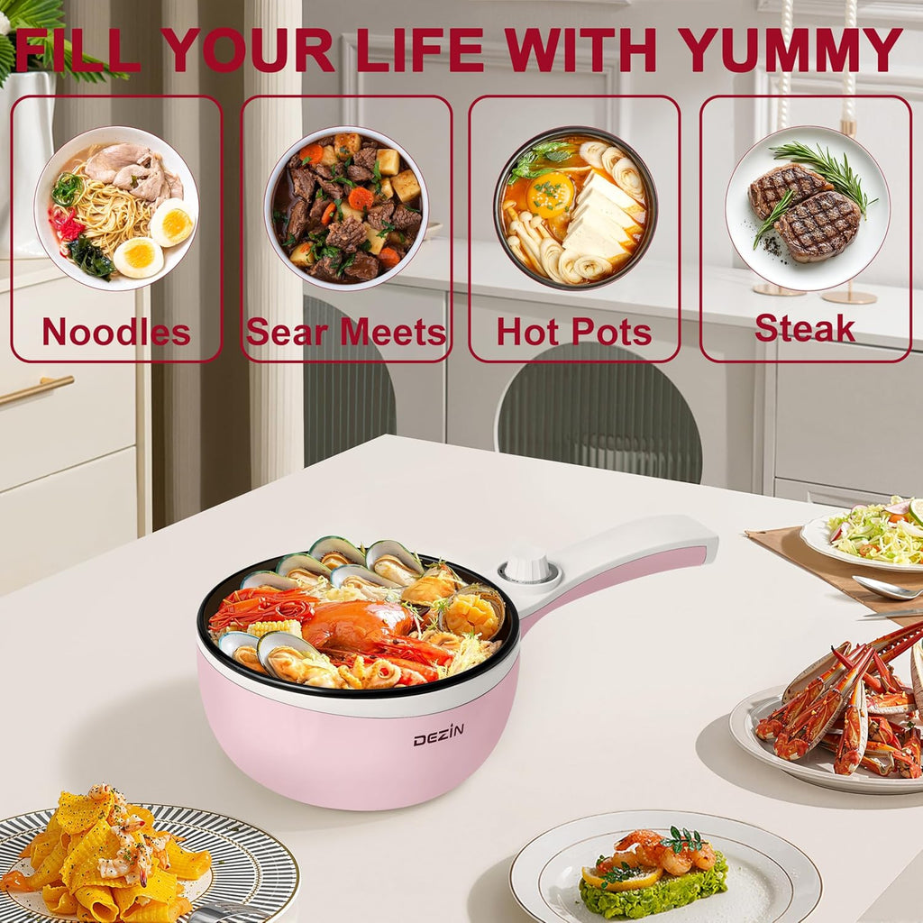 Hot Pot Electric Upgraded, Non-Stick Sauté Pan, Rapid Noodles Electric Pot, 1.5L Mini Portable Hot Pot for Steak, Egg, Fried Rice, Ramen, Oatmeal, Soup with Power Adjustment