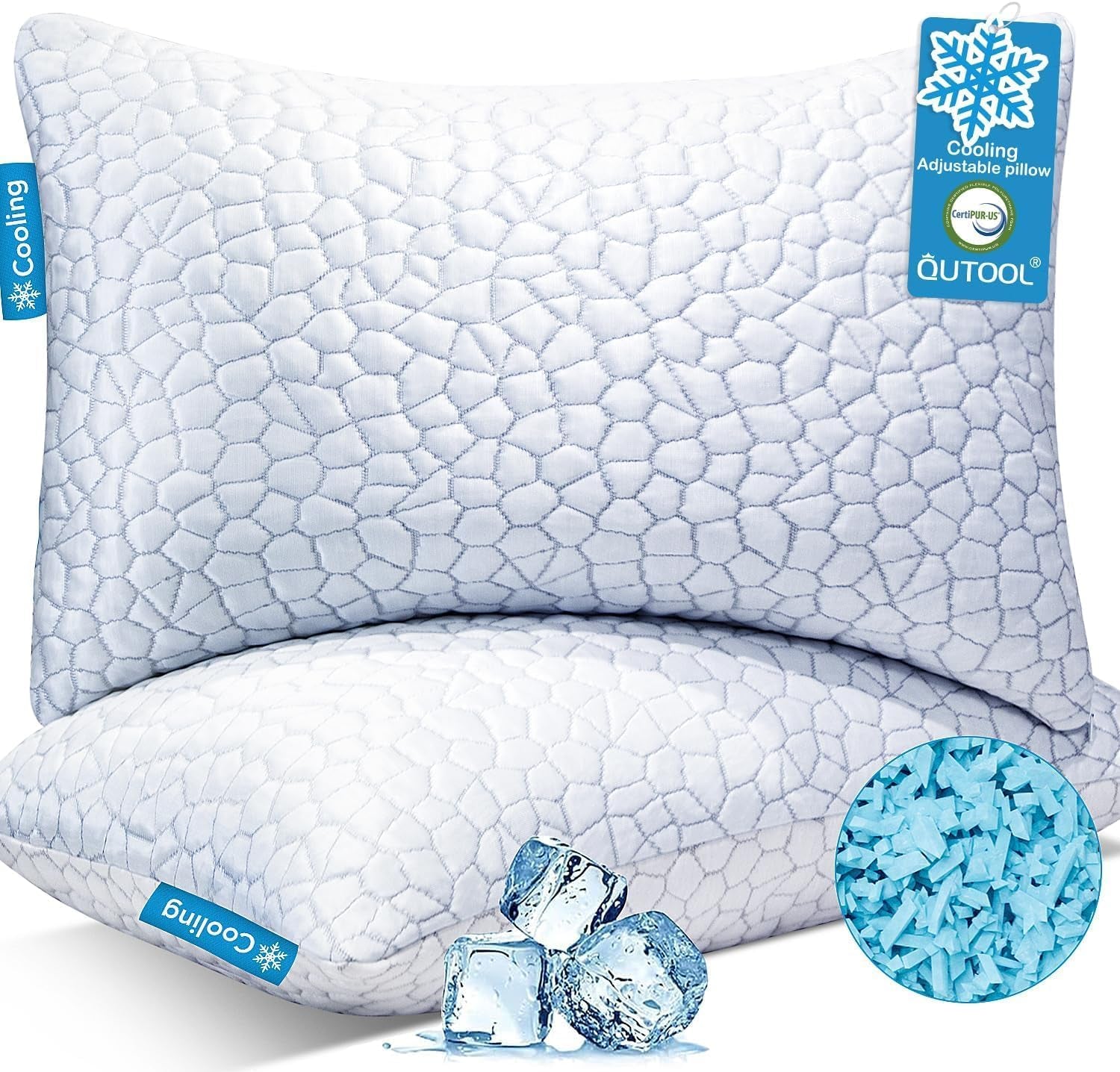 Cooling Pillow for Sleeping, Certipur-Us Shredded Memory Foam Queen Pillows Set of 2, Cool Pillow for Hot Sleepers Adjustable Firm Pillow for Side, Back, Stomach Sleepers Soft yet Support,White