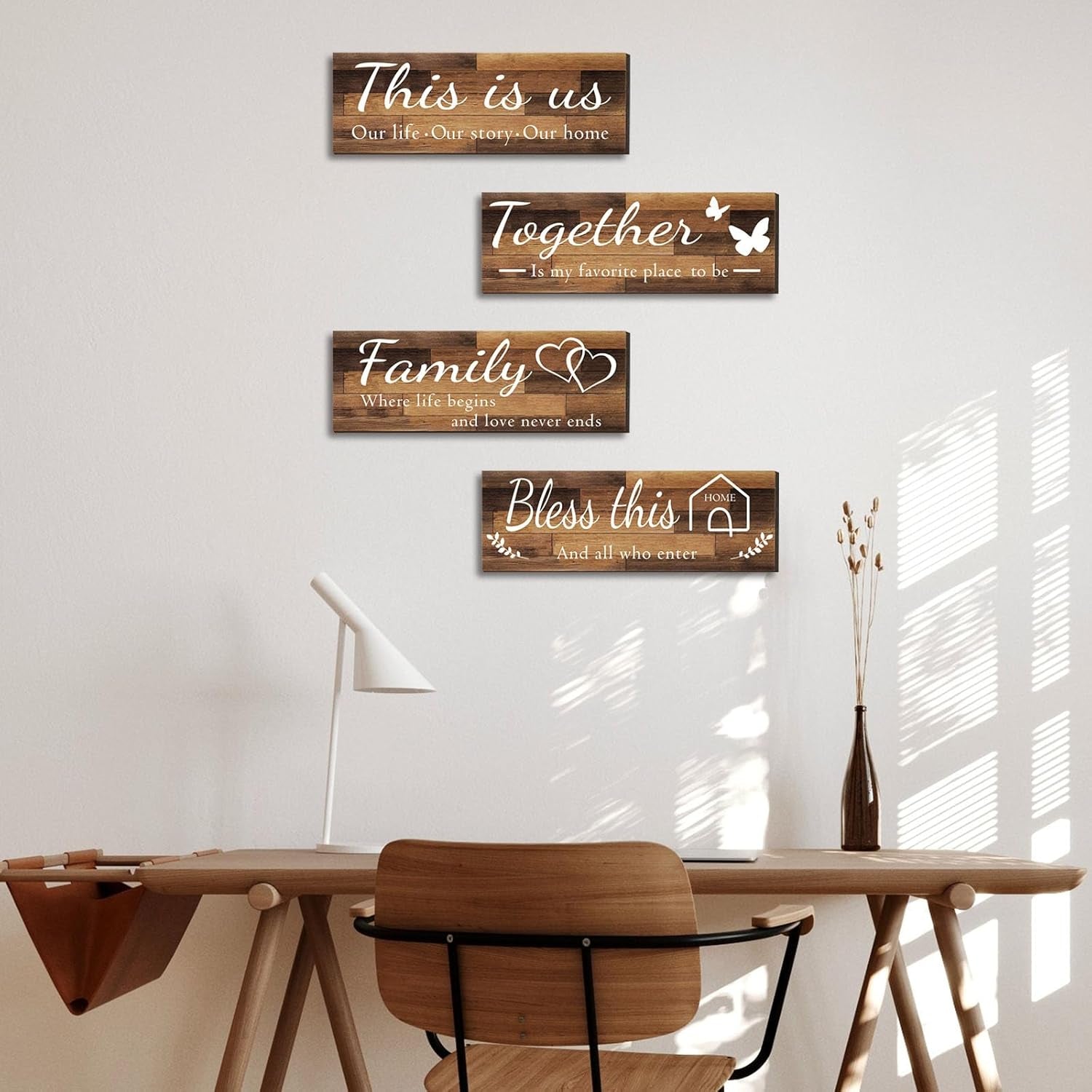 4 Pieces Home Wall Signs, THIS IS US/TOGETHER/BLESS THIS HOME/FAMILY Wall Decor for Living Room Bedroom, Rustic Wooden Farmhouse Wall Art , 4.7 X 13.8 Inch(Brown)