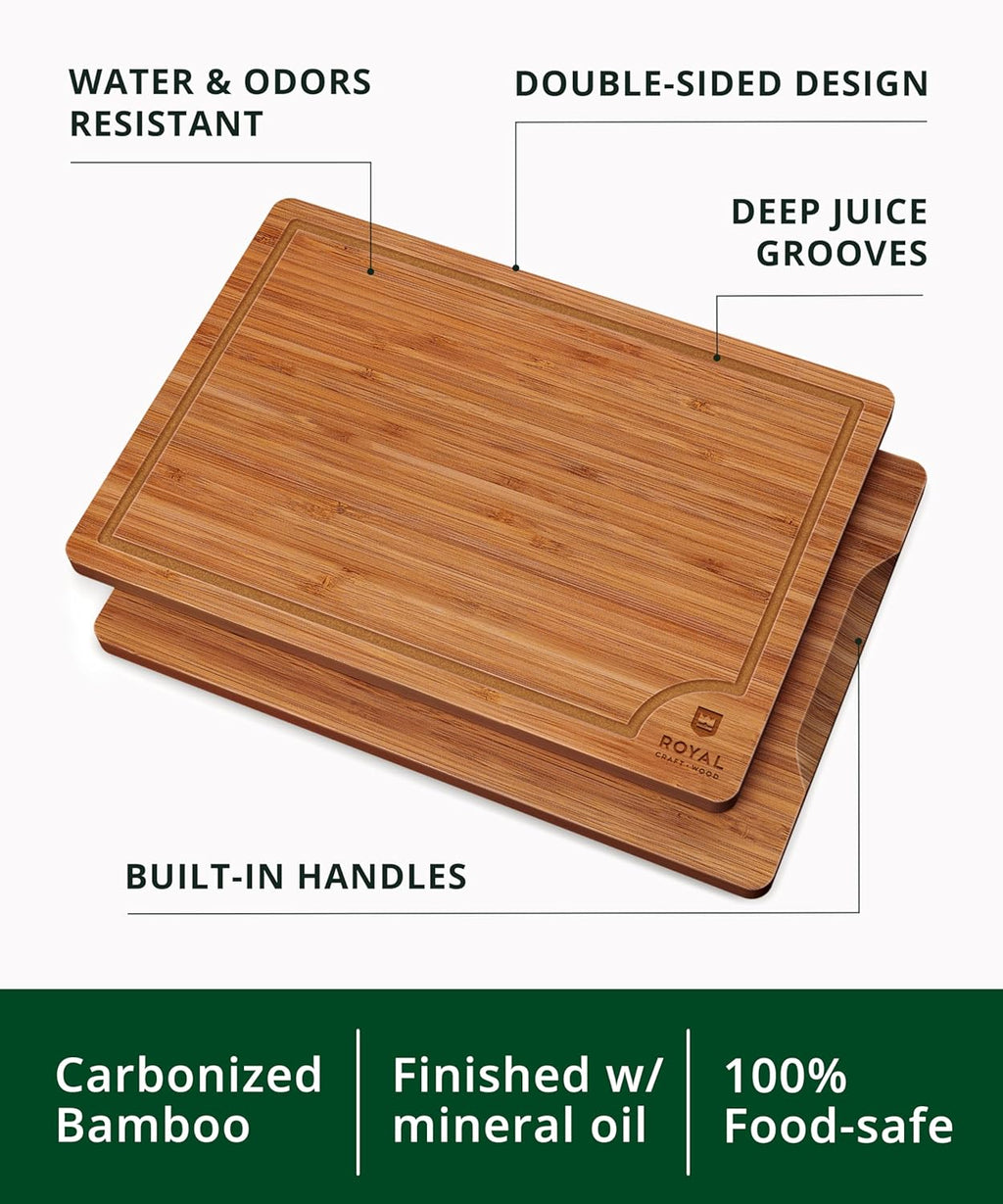 Wooden Cutting Boards for Kitchen Meal Prep & Serving - Non Toxic Bamboo Wood Cutting Board Set with Deep Juice Groove Side Handles - Charcuterie & Chopping Butcher Block for Meat