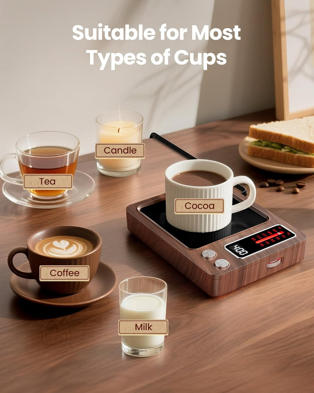 Coffee Mug Warmer, 36W Fast Heating, 5 Temp Settings, 0.5-9H Timer, for Water Milk Tea Cocoa, Smart Candle Warmer, Ideal Gifts for Family, Mom, Fits Most Cups - Wood