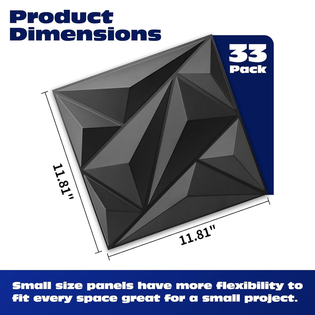 33 Pack 3D Wall Panel Diamond for Interior Wall Décor, PVC Flower Textured Wall Panels for Living Room Lobby Bedroom Hotel Office, Black, 12''X12'' Cover 32.Sq.Ft.