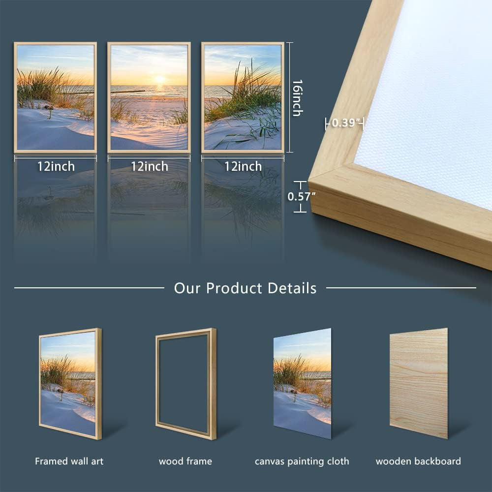 Natural Wood Framed Wall Art - Set of 3 Piece Framed Art Prints for Living Room, Bedroom, Office Wall Decor - Blue Beach Seascape Paintings Home Decor