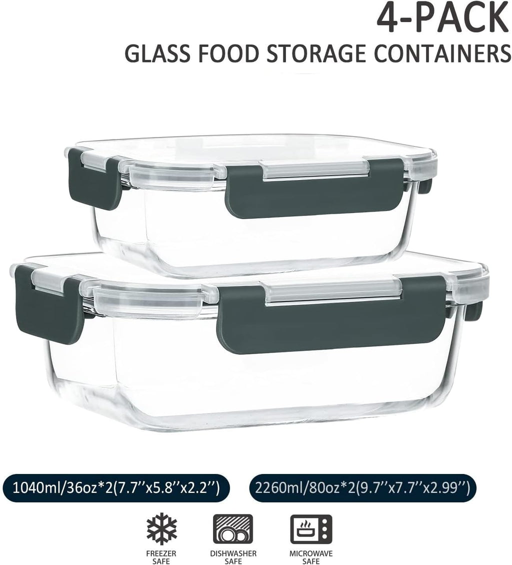 [80 Oz & 36 Oz Extra Large Glass Food Storage/Baking Containers Set with Lids, 2 Pack 80 Oz(10 Cup)&2 Pack 36 Oz (4.5 Cup) Airtight Glass Container,Microwave,Oven,Freezer and Dishwasher