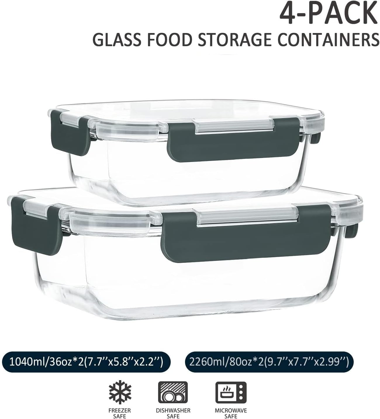 [80 Oz & 36 Oz Extra Large Glass Food Storage/Baking Containers Set with Lids, 2 Pack 80 Oz(10 Cup)&2 Pack 36 Oz (4.5 Cup) Airtight Glass Container,Microwave,Oven,Freezer and Dishwasher