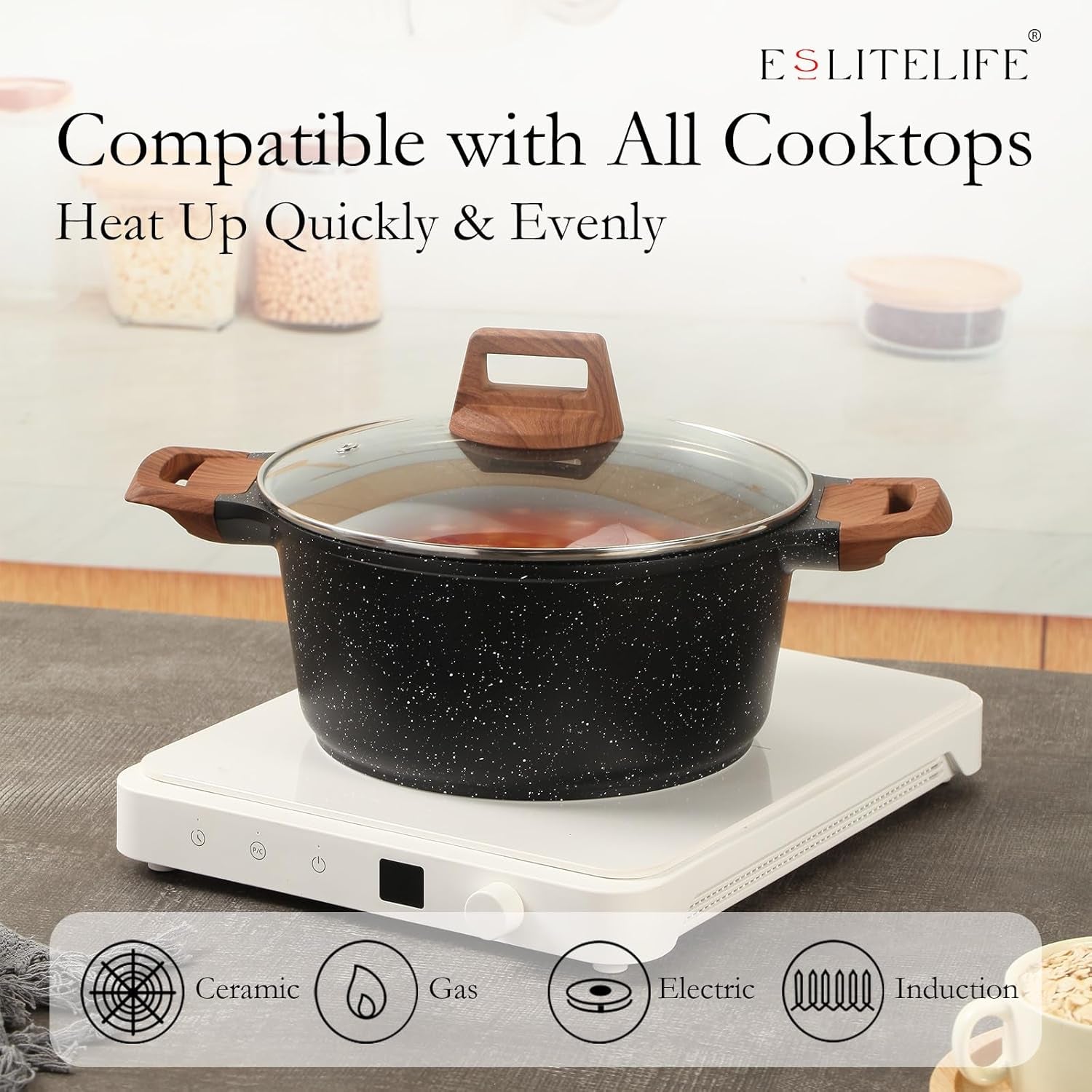 Nonstick Stock Pot with Lid, 5 Quart Granite Casserole Large Soup Pot Pasta Cooking Pot, Induction Compatible, PTFE & PFOA Free, Black