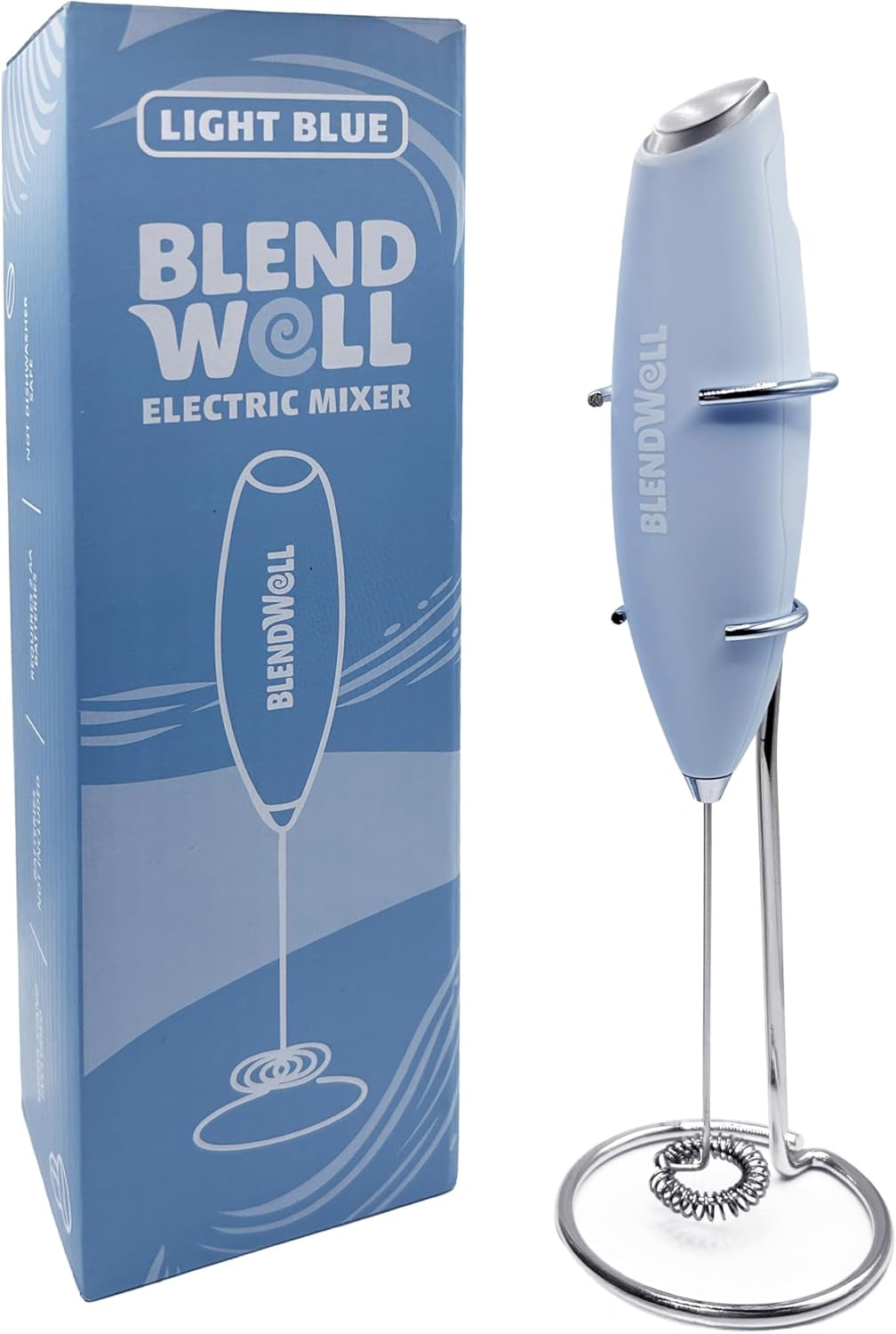 Electric Milk Frother for Matcha and Coffee, Handheld Battery Operated Drink Mixer with Stand, Stainless Steel Whisk, Light Blue