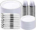 350PCS Silver Plastic Dinnerware Set, Disposable Party Plates for 50 Guests, Include: 100 Plastic Plates, 50 Pre Rolled Napkins with Silver Silverware, 50 Cups